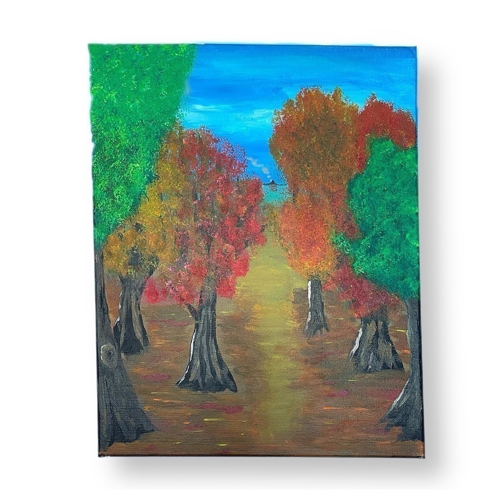 Original acrylic painting of a tree-lined path through the woods to a log cabin